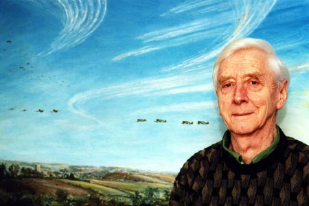 Roger Freeman, backed by a painting depicting American planes over his family's Dedham farm. (Norman Wells)